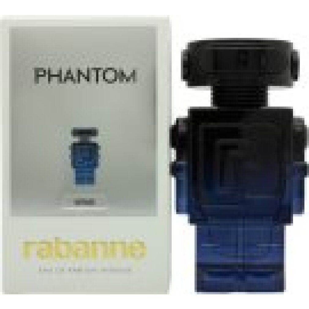 Paco Rabanne Phantom Intense Eau de Parfum Spray. Flacone a forma di robot blu-nero. Confezione bianca con nome del prodotto.