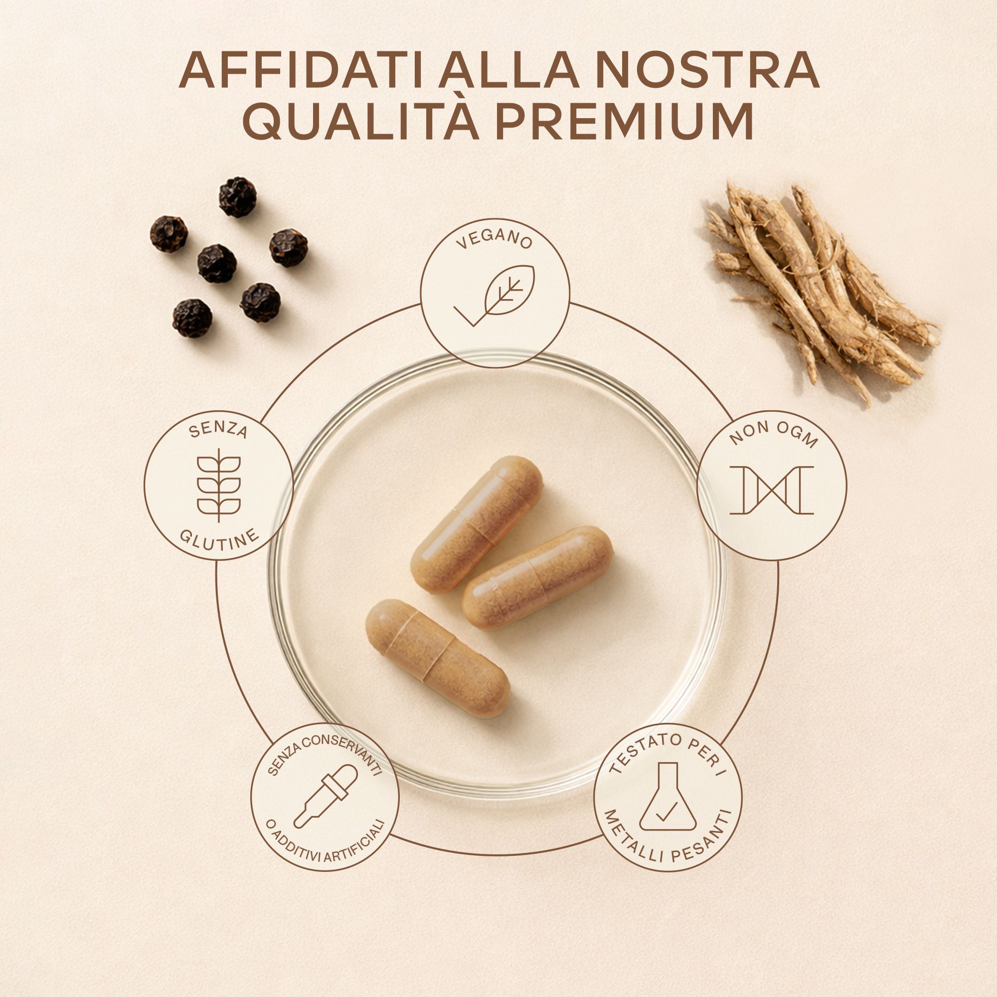 Tre capsule su una superficie. Simboli: Senza glutine, Vegano, senza OGM, testato per i metalli pesanti.
