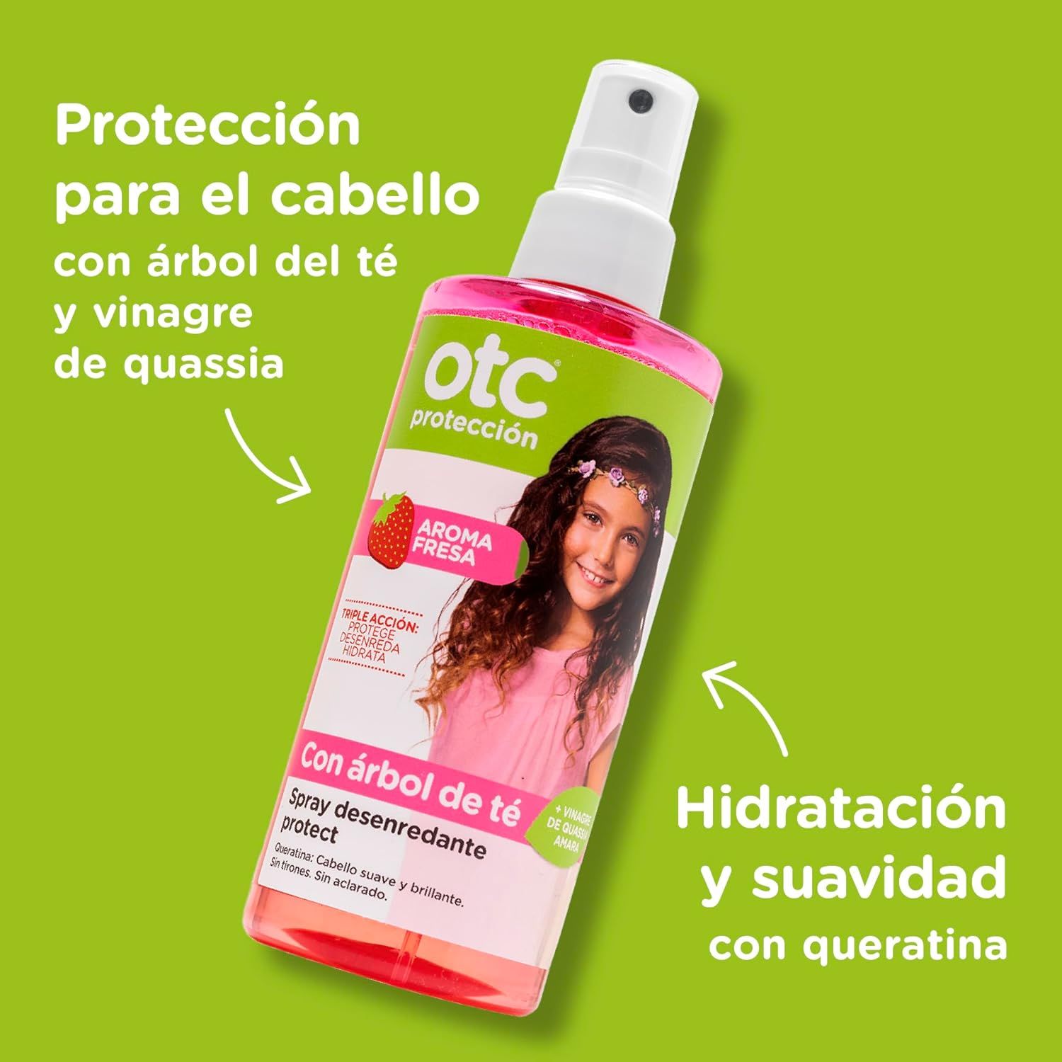 Flacone prodotto con testo e fragola. Testo: OTC Protección. Aroma Fresa. Spray desenredante protect.