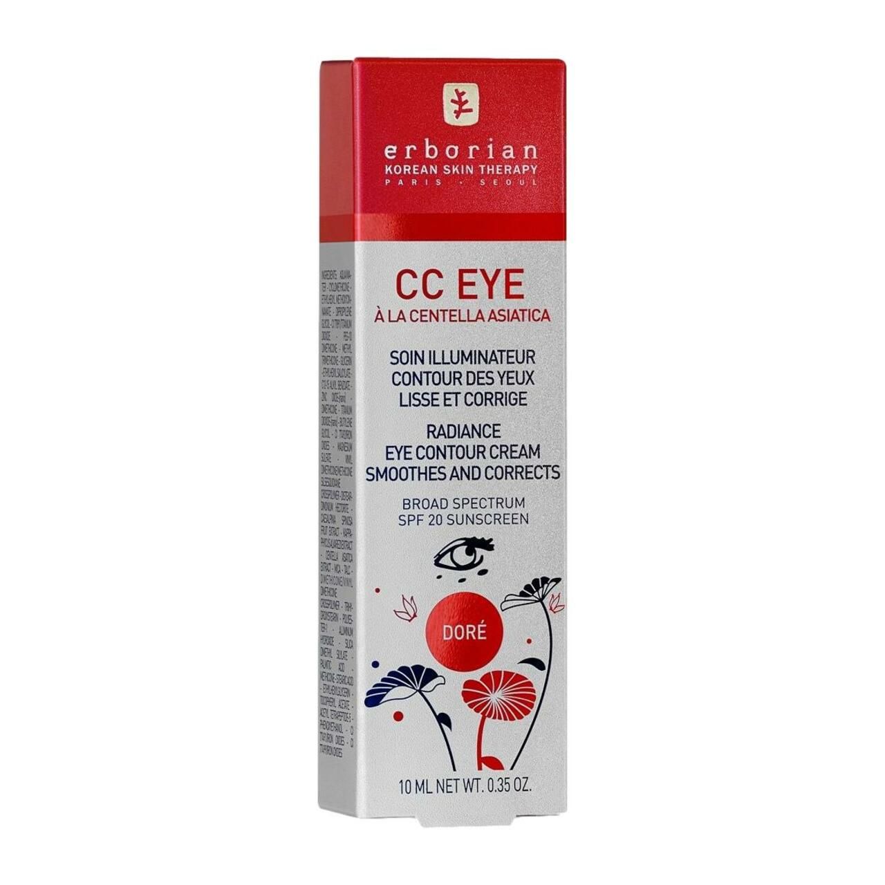 Confezione del prodotto. Scritta: CC EYE, Radiance Eye Contour Cream, SPF 20. Colore: doré. 10 ml.