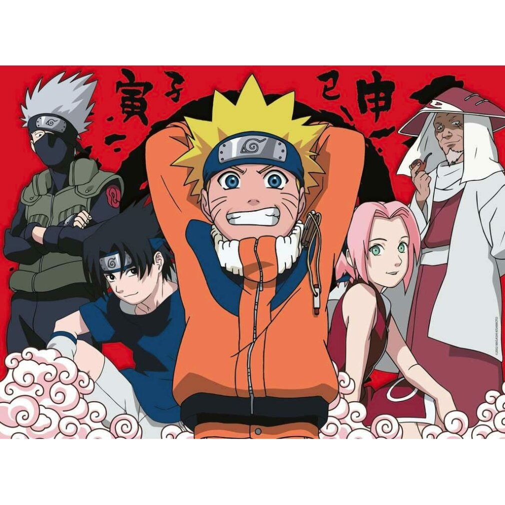Puzzle con immagine di Naruto, 300 pezzi. Personaggi Naruto su sfondo rosso. Senza confezione.