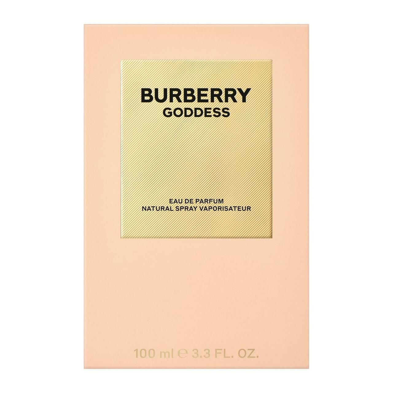 Confezione Burberry Goddess Eau de Parfum. Scatola rettangolare con scritta Burberry Goddess.