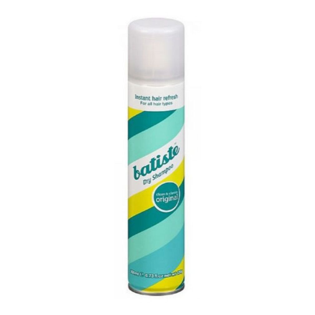 Lattina di shampoo secco Batiste Original con motivo a vortice blu-verde-giallo.