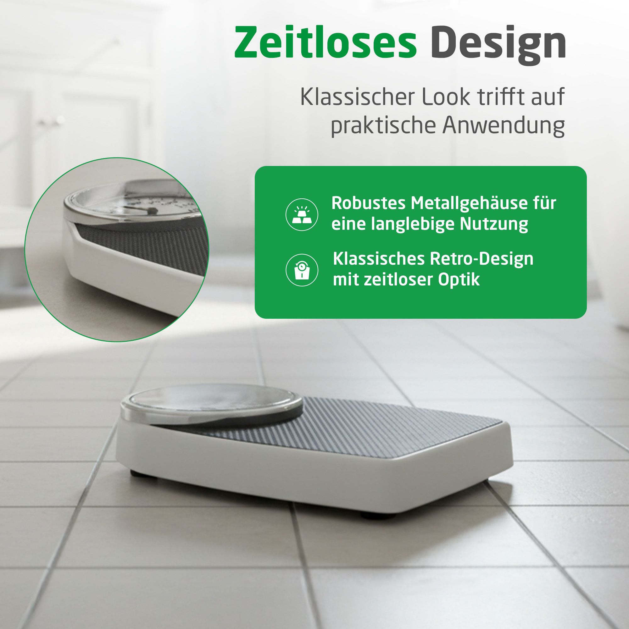 Bilancia pesapersone analogica con cassa in metallo robusta e design retrò.