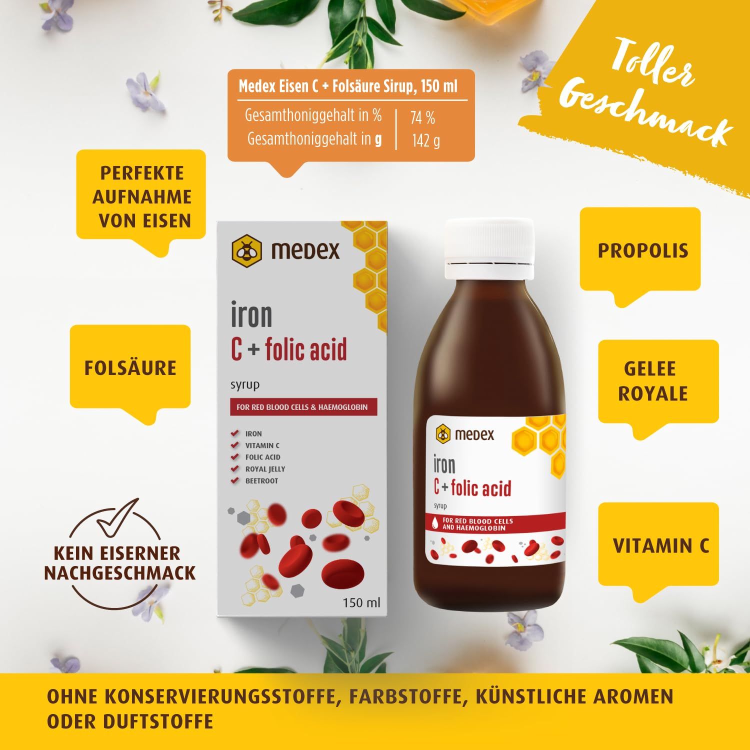 Bottiglia e scatola del prodotto. Elementi: acido folico, propoli, pappa reale, vitamina C. Testo: Assorbimento perfetto del ferro, nessun retrogusto ferroso.