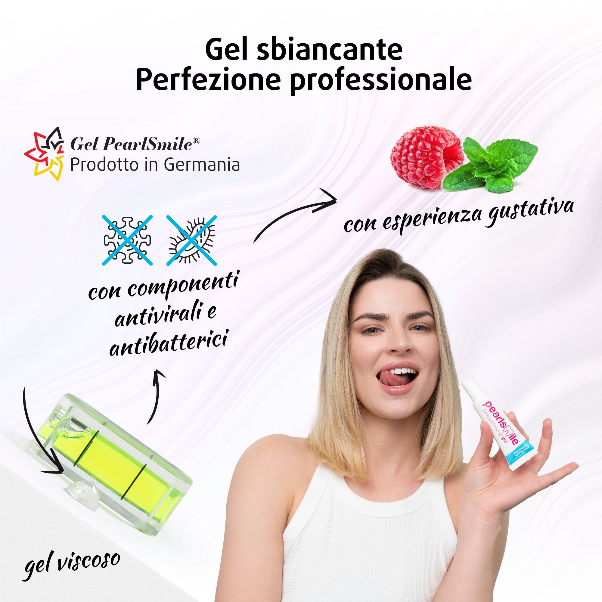 Donne e uomini bevono e mangiano. Testo: Goditi la vita con un sorriso splendente. Tutto per un sorriso.