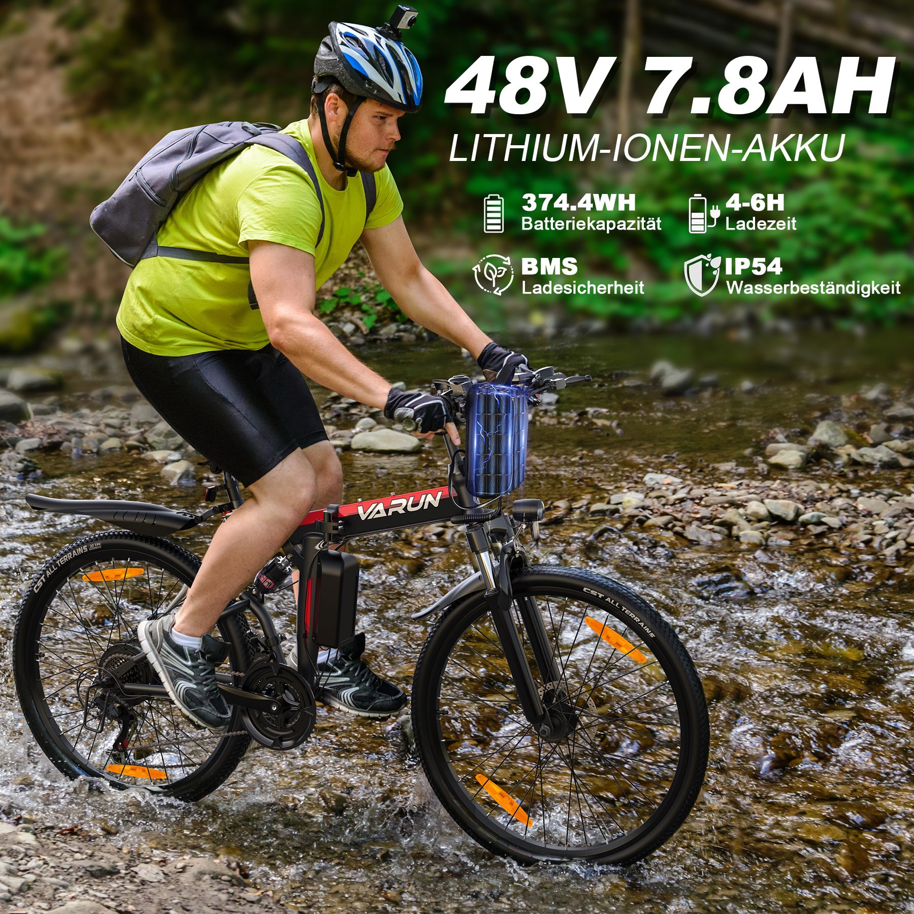 Persona in sella a una e-bike VARUN in un ruscello. Batteria da 374,4 Wh, impermeabile IP54.