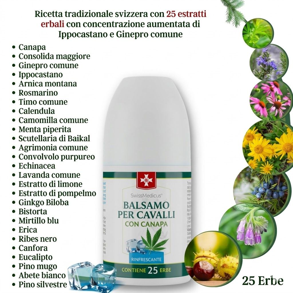 Roll-on con testo: Balsamo per Cavalli con Canapa, rinfrescante, contiene 25 erbe. Illustrazioni di erbe circondano il roll-on.