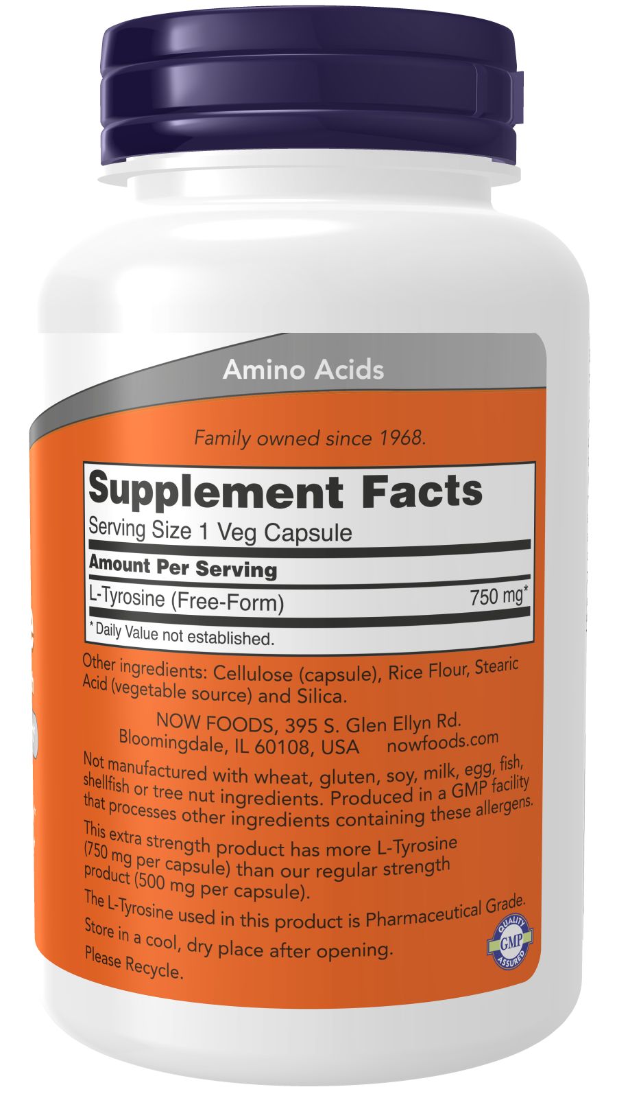 Retro del flacone. Scritta: Supplement Facts, L-Tirosina 750 mg. Ingredienti e informazioni produttore.