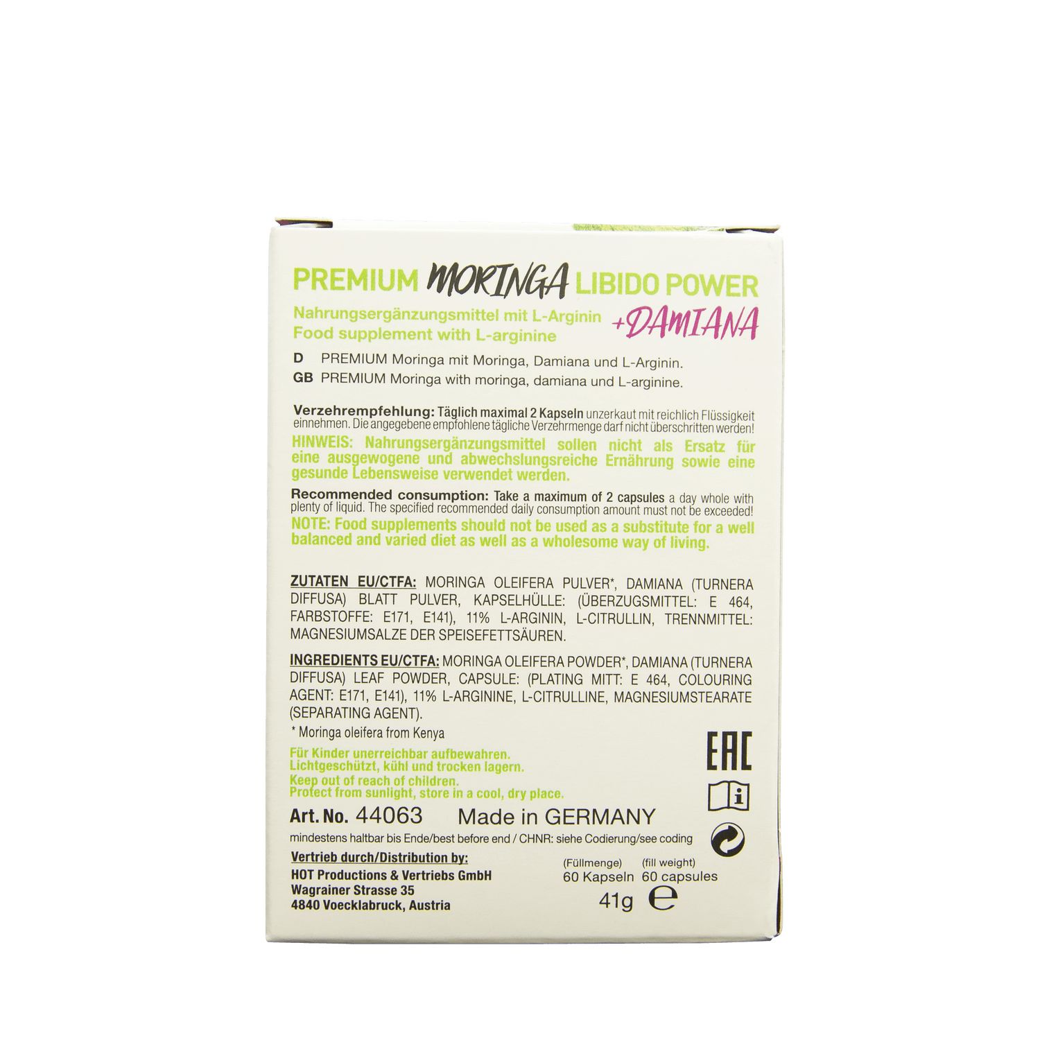 Retro della confezione con ingredienti e informazioni nutrizionali. Testo multilingue, sigillo Nature Vegan.