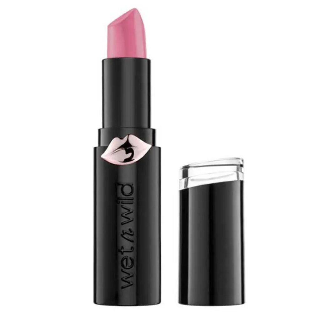 Rossetto rosa in stick nero, senza cappuccio. Marchio "wet n wild" visibile.