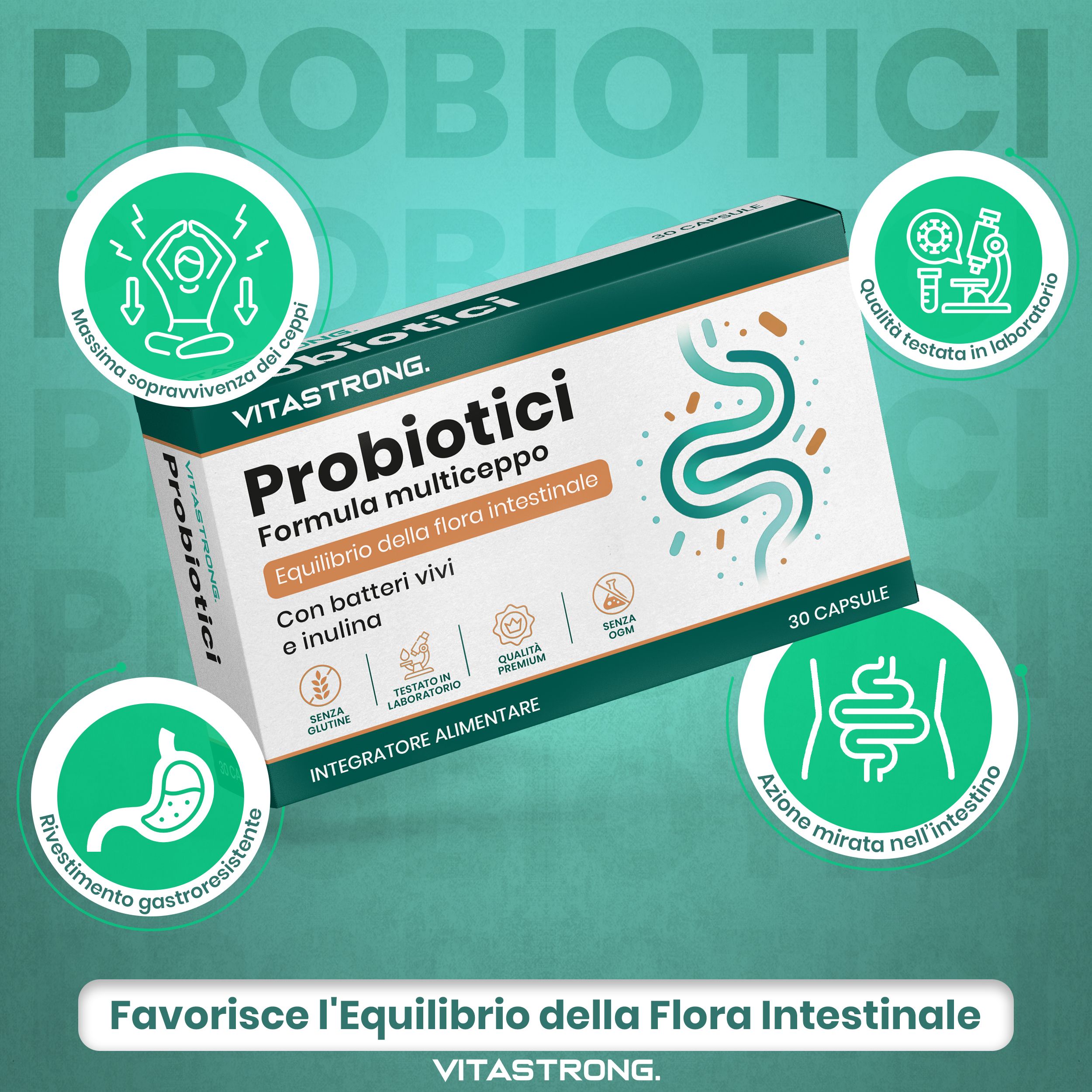 Scatola Vitastrong Probiotici. Testo: Favorisce l'equilibrio della flora intestinale. 30 capsule. Vitastrong.