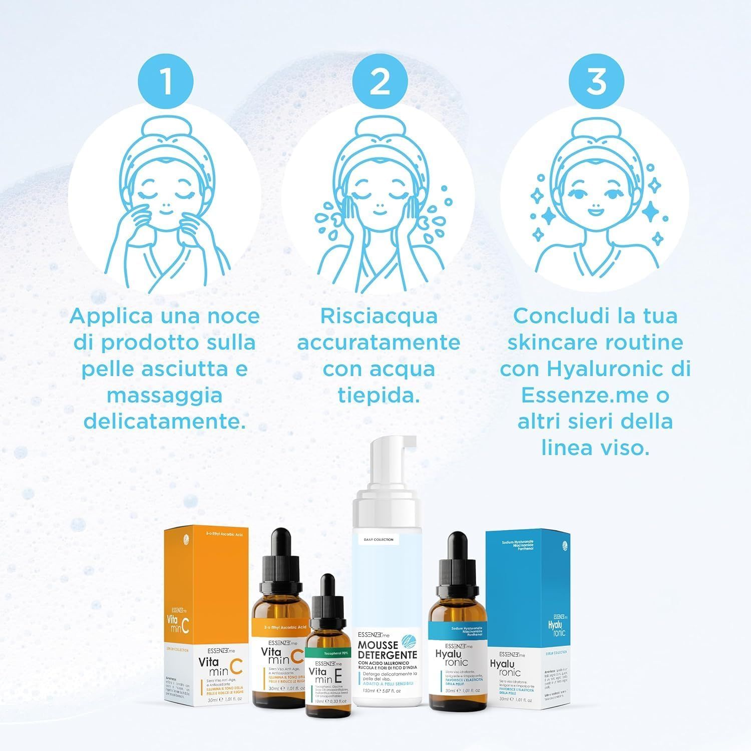 Essenze.me Mousse Detergente Viso Schiuma Delicata con Acido Ialuronico Rucola e Fico d’India 150ml