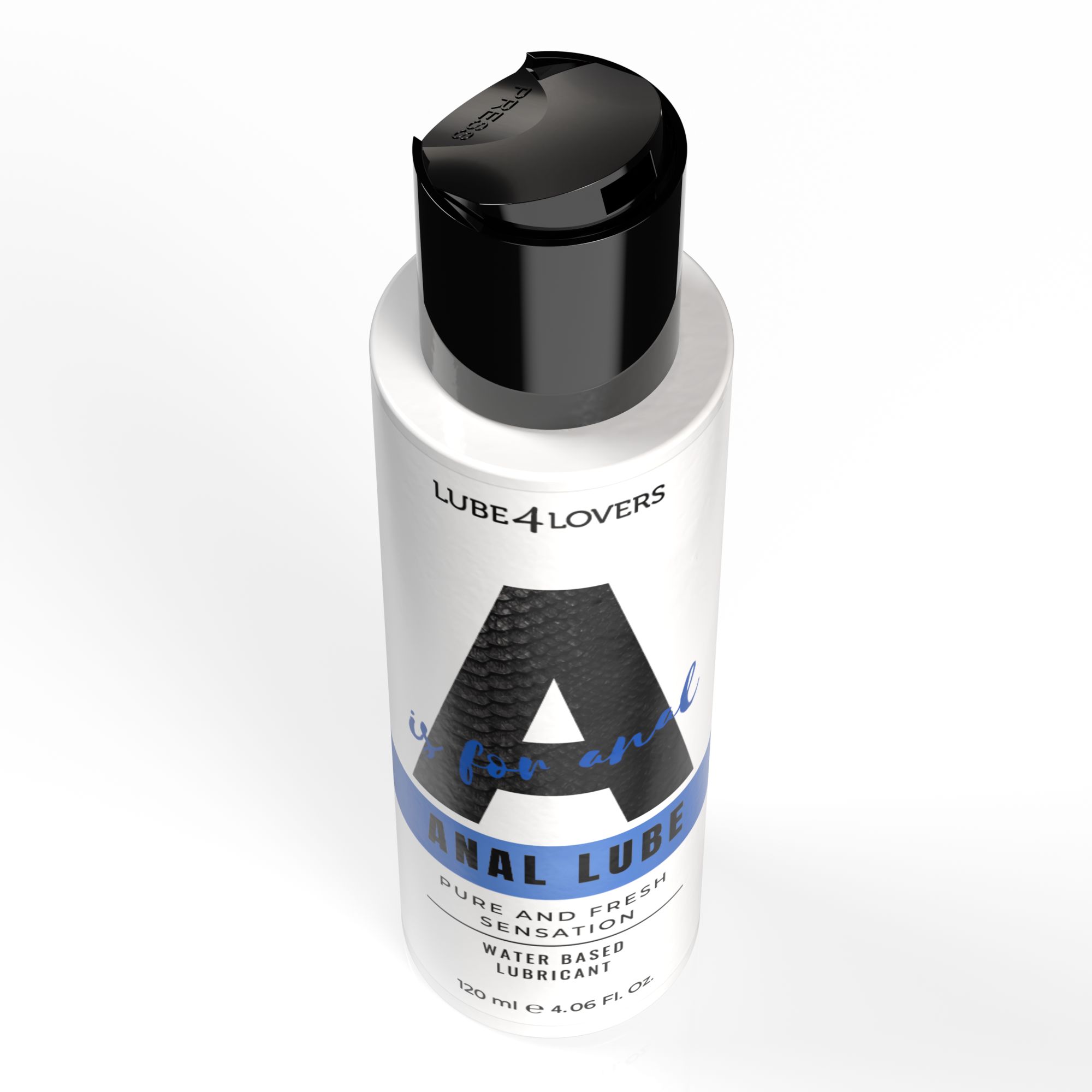 Flacone bianco con tappo nero. Scritta: "A is for anal ANAL LUBE". Lubrificante a base d'acqua.