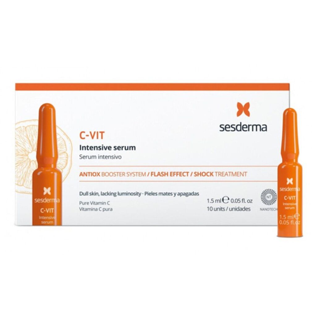 Confezione e fiale Sesderma C-VIT Intensive Serum. Fiale arancioni, testo bianco. Due fiale visibili.