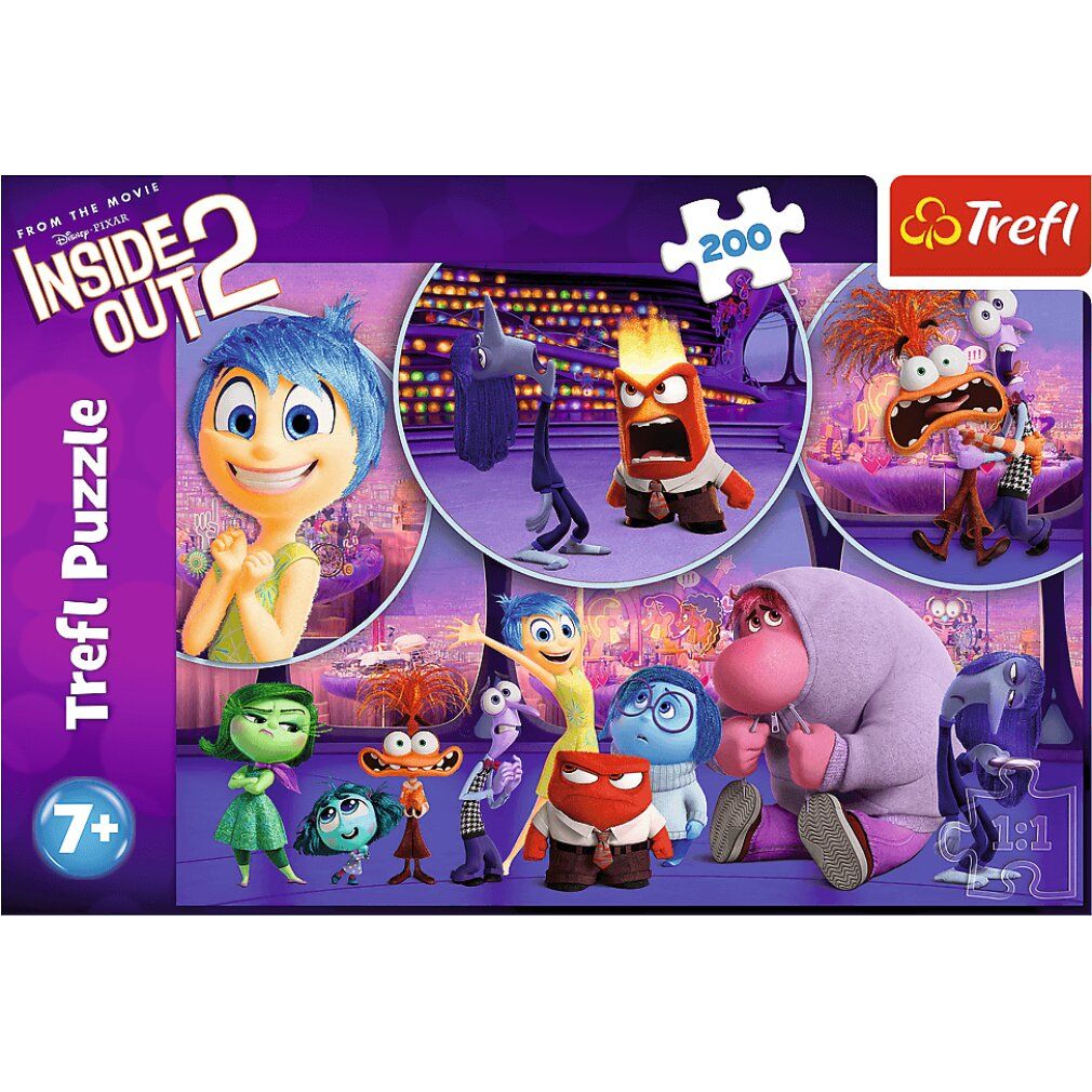 Scatola di puzzle con personaggi di "Inside Out 2". Il puzzle ha 200 pezzi. Marca: Trefl. Età consigliata: 7+.