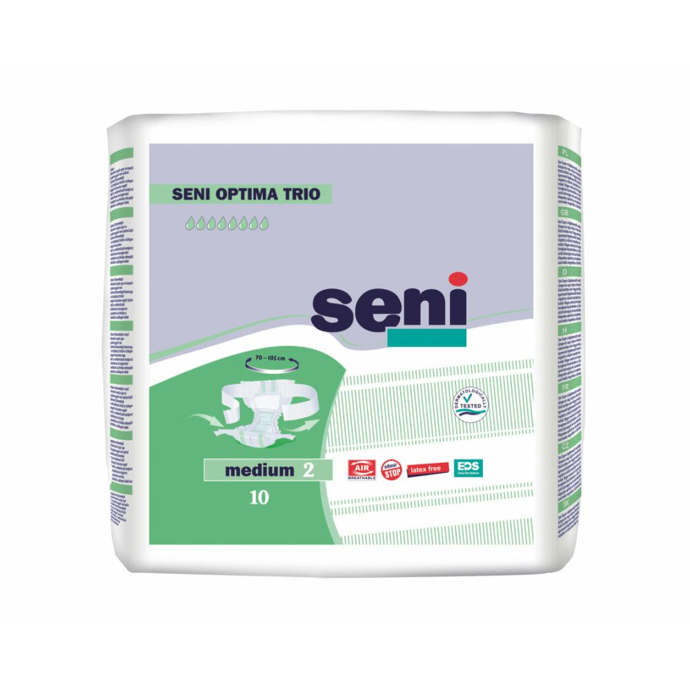 Confezione di pannolini Seni Optima Trio. Design verde e bianco. Medium 2, 10 pezzi. Logo Seni. Certificazioni.