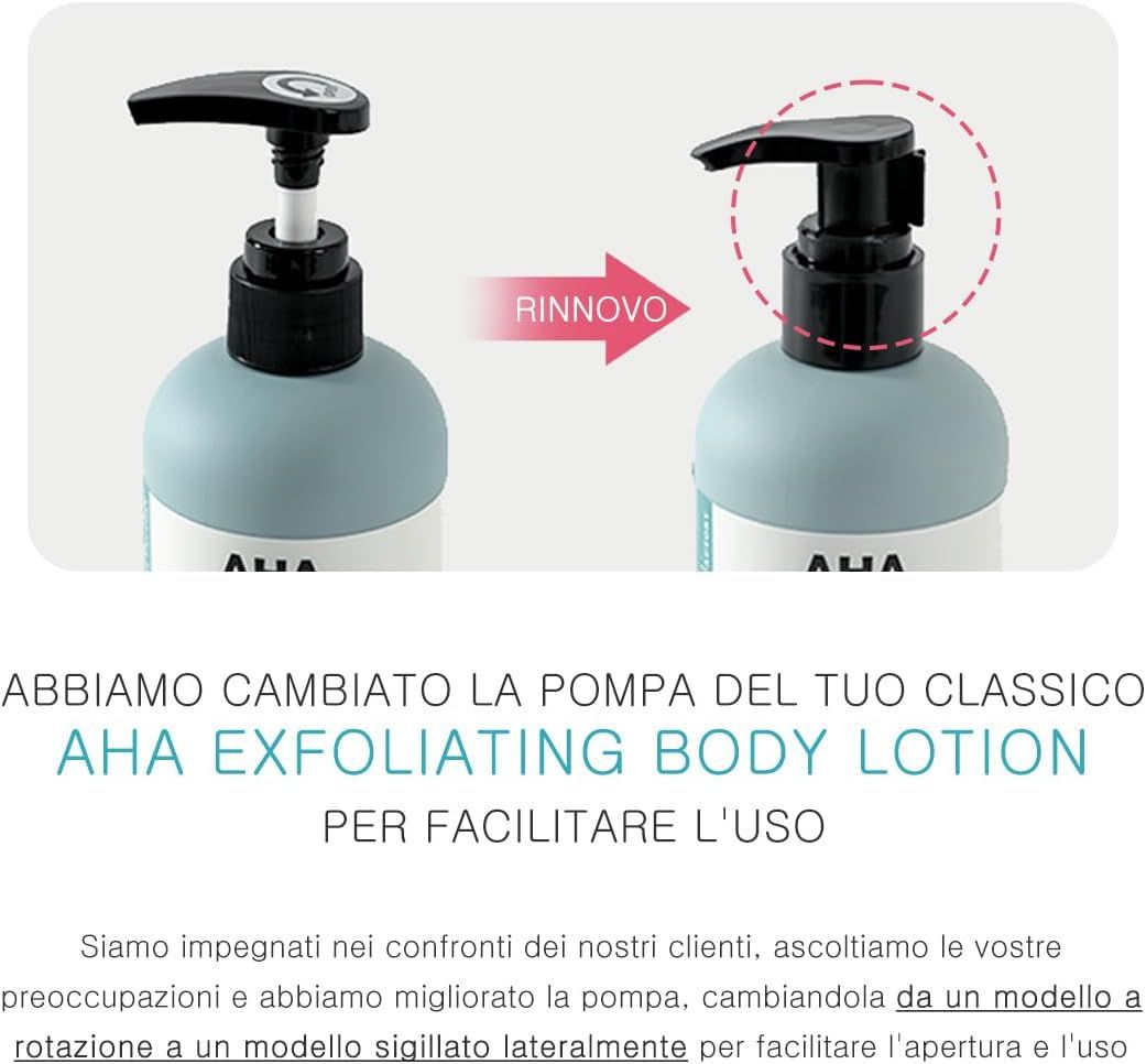 Confronto delle pompe. Nuova pompa per AHA Exfoliating Body Lotion. Facilita l'uso.