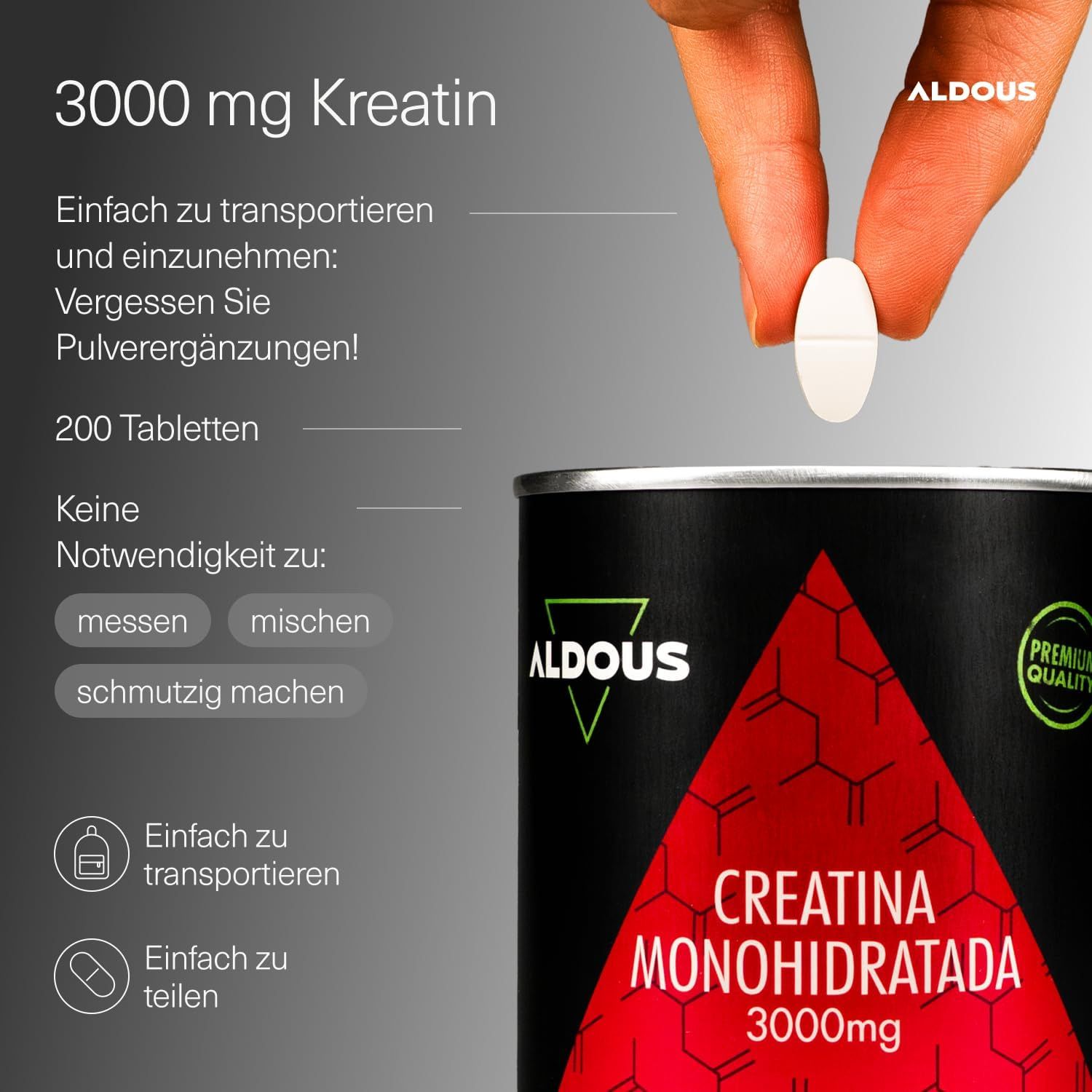 Aldous Creatina Monoidrato Compressa: 200 compresse, 3000 mg di creatina per compressa. Facile da trasportare e assumere.