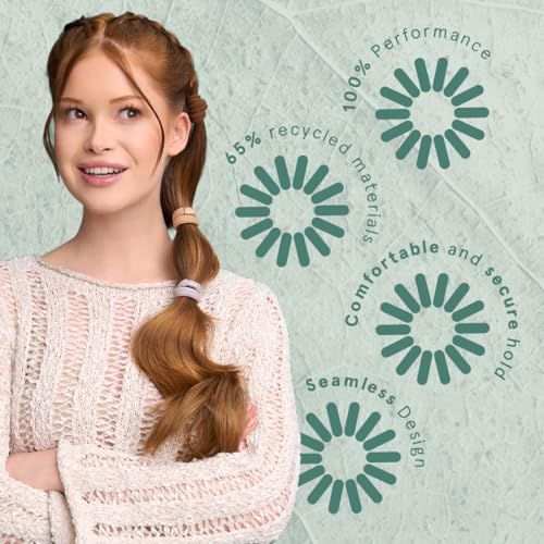 Donna con coda di cavallo, elastico per capelli. Grafiche con testo: '100% Performance', '65% recycled materials', 'Comfortable and secure hold', 'Seamless Design'.