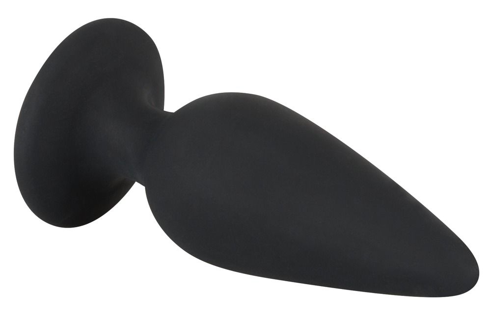 Plug anale nero con base. Punta conica, base rotonda. Vista prospettica.
