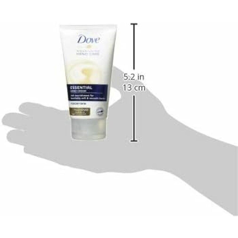 Tubo di Dove Hand Cream tenuto in mano. Dimensioni: 5,2 pollici (13 cm).