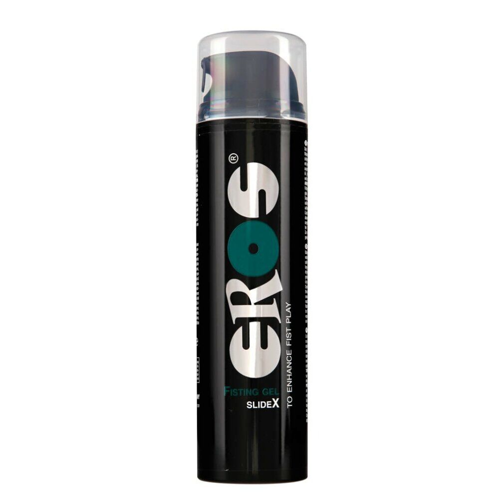 Flacone cilindrico con tappo nero e chiusura trasparente. Scritta: EROS, Fisting Gel, SlideX.