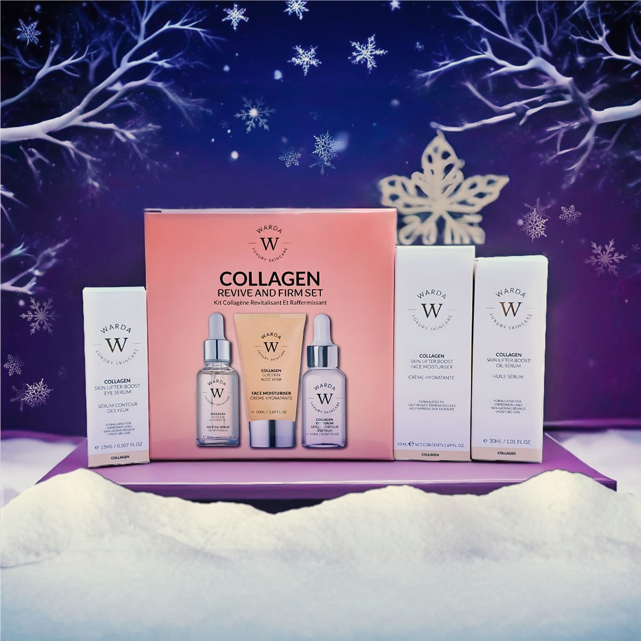 Set Warda COLLAGENSKIN LIFTER SERUM. Set con scatola, flaconi di siero e crema. Design invernale con fiocchi di neve.