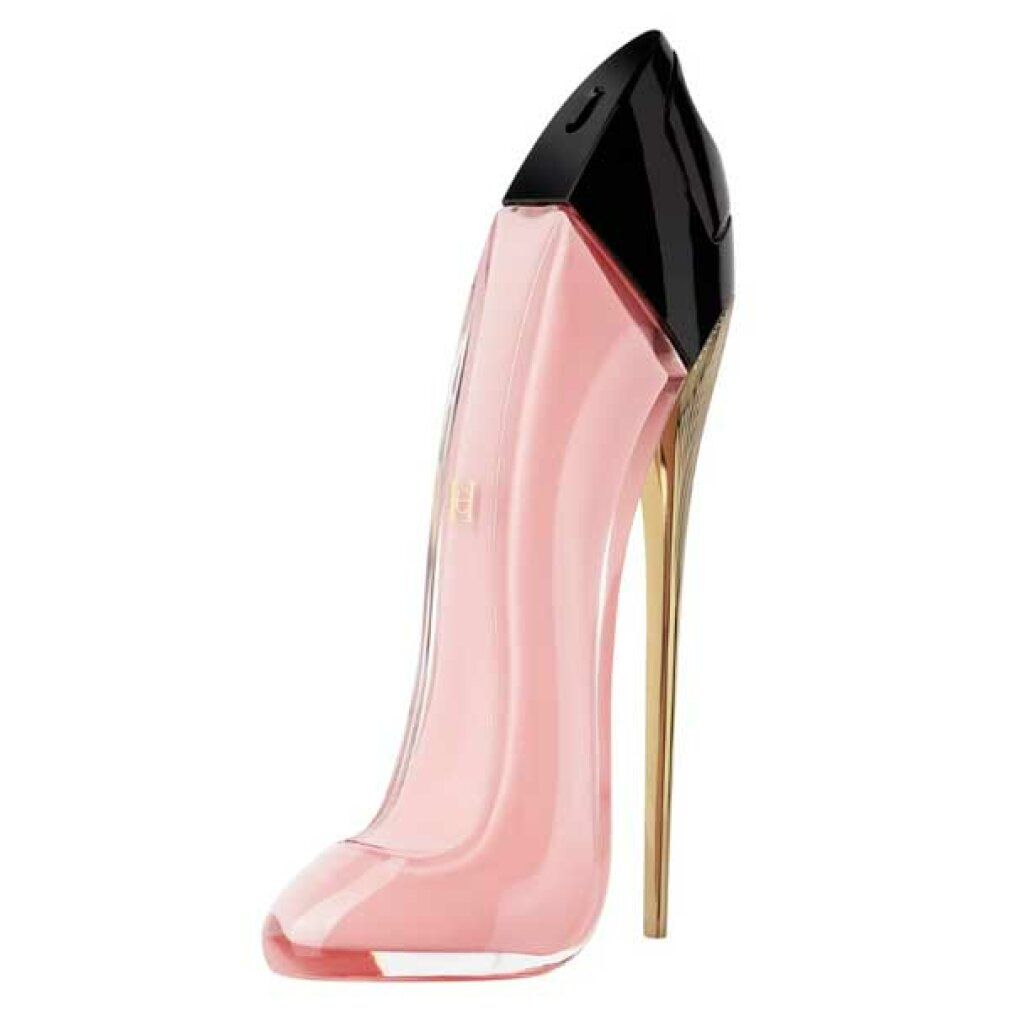Profumo da donna Carolina Herrera Good Girl Blush in flacone rosa a forma di décolleté, con tappo nero e tacco dorato.