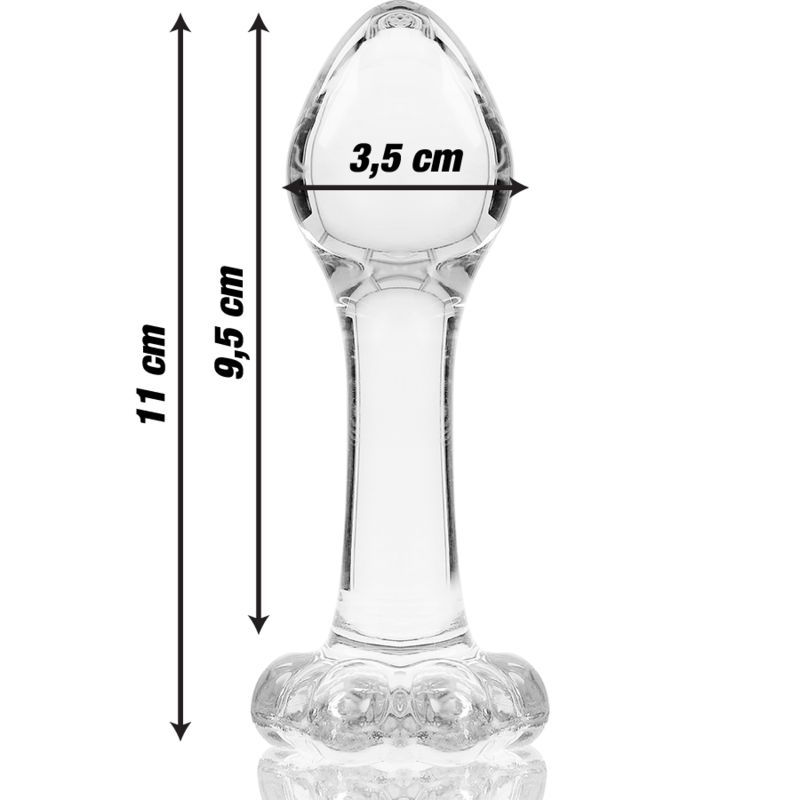 Plug anale in vetro trasparente, dimensioni: 11cm lunghezza, 3,5cm larghezza.