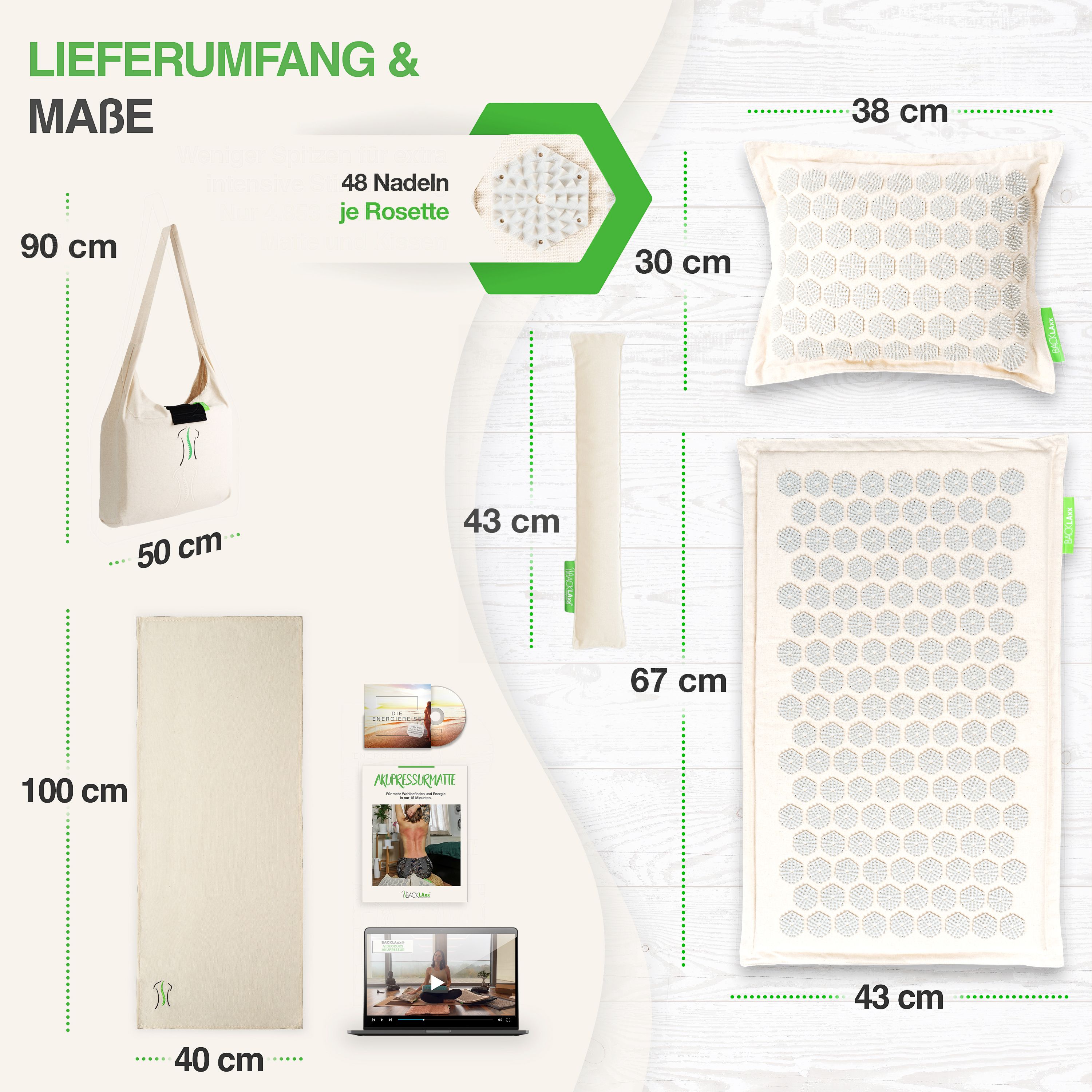 Tappetino, cuscino, borsa, rullo, libro, laptop. Dimensioni: Tappetino 100x40cm, cuscino 30x38cm, borsa 90x50cm. 48 aghi per rosetta.