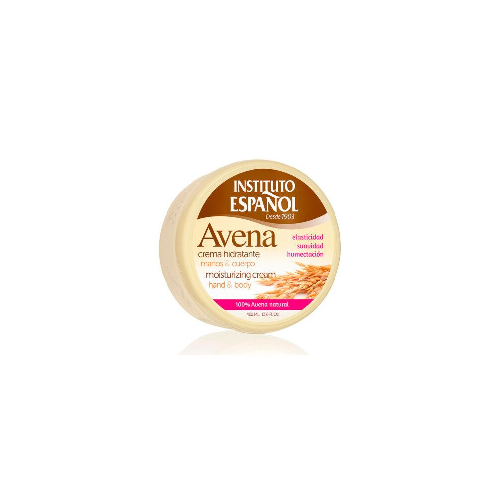 Barattolo rotondo di crema idratante Instituto Español Avena. Scritta Avena, illustrazione avena, 100% Avena natural.