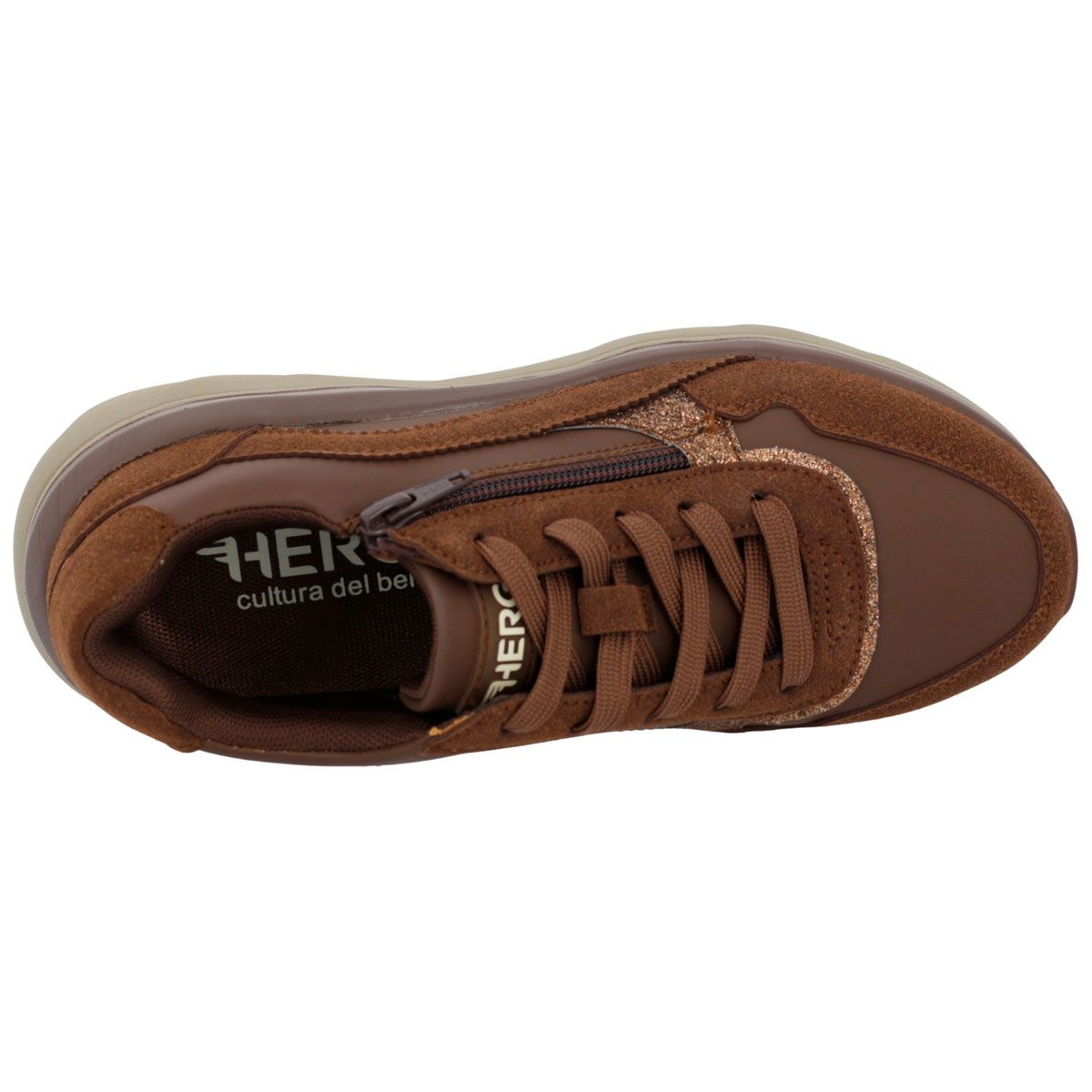 Scarpa marrone da donna con lacci e zip laterale. Soletta interna estraibile.