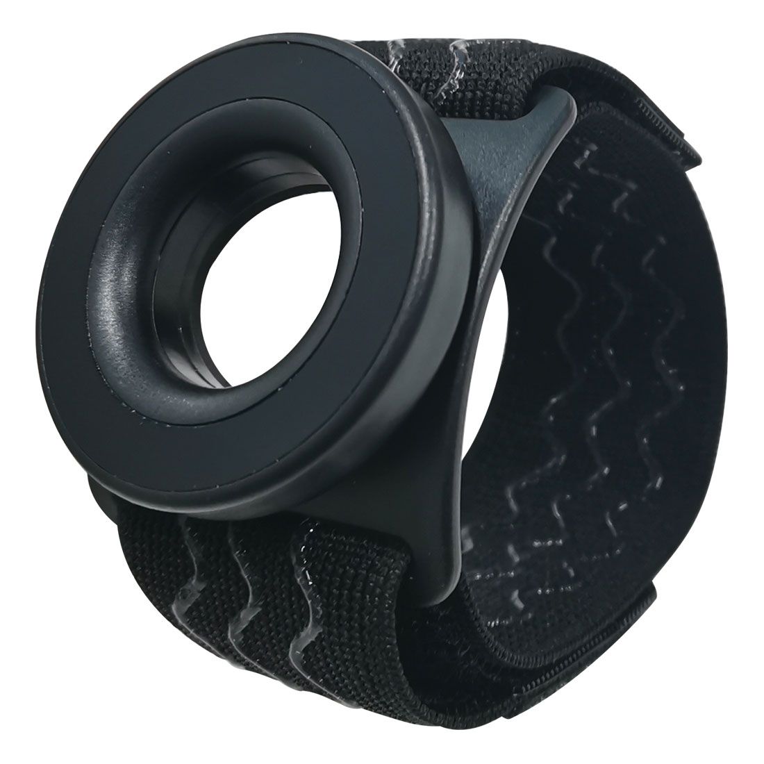 Supporto per smartphone FITPADDY nero da braccio. Presenta una parte di supporto circolare nera con un foro centrale, fissata a un cinturino nero regolabile. Il cinturino ha un interno strutturato per una migliore presa. Progettato per smartphone compatibili MagSafe.