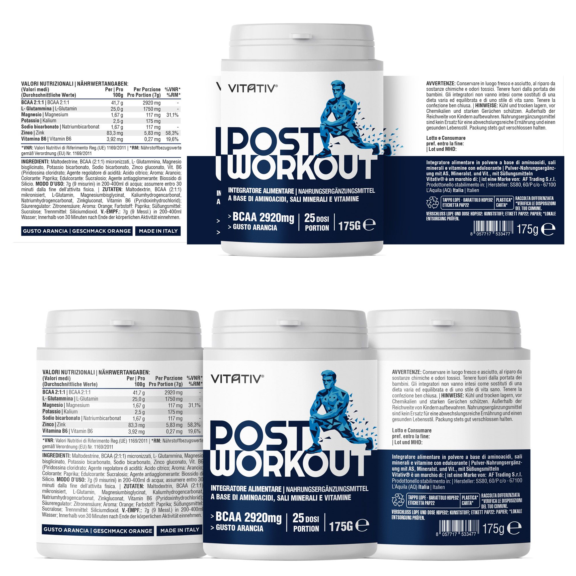 VITATIV® Post Workout Uomo in Polvere con BCAA 2:1:1, Glutammina, Minerali e Vitamine - 170 g