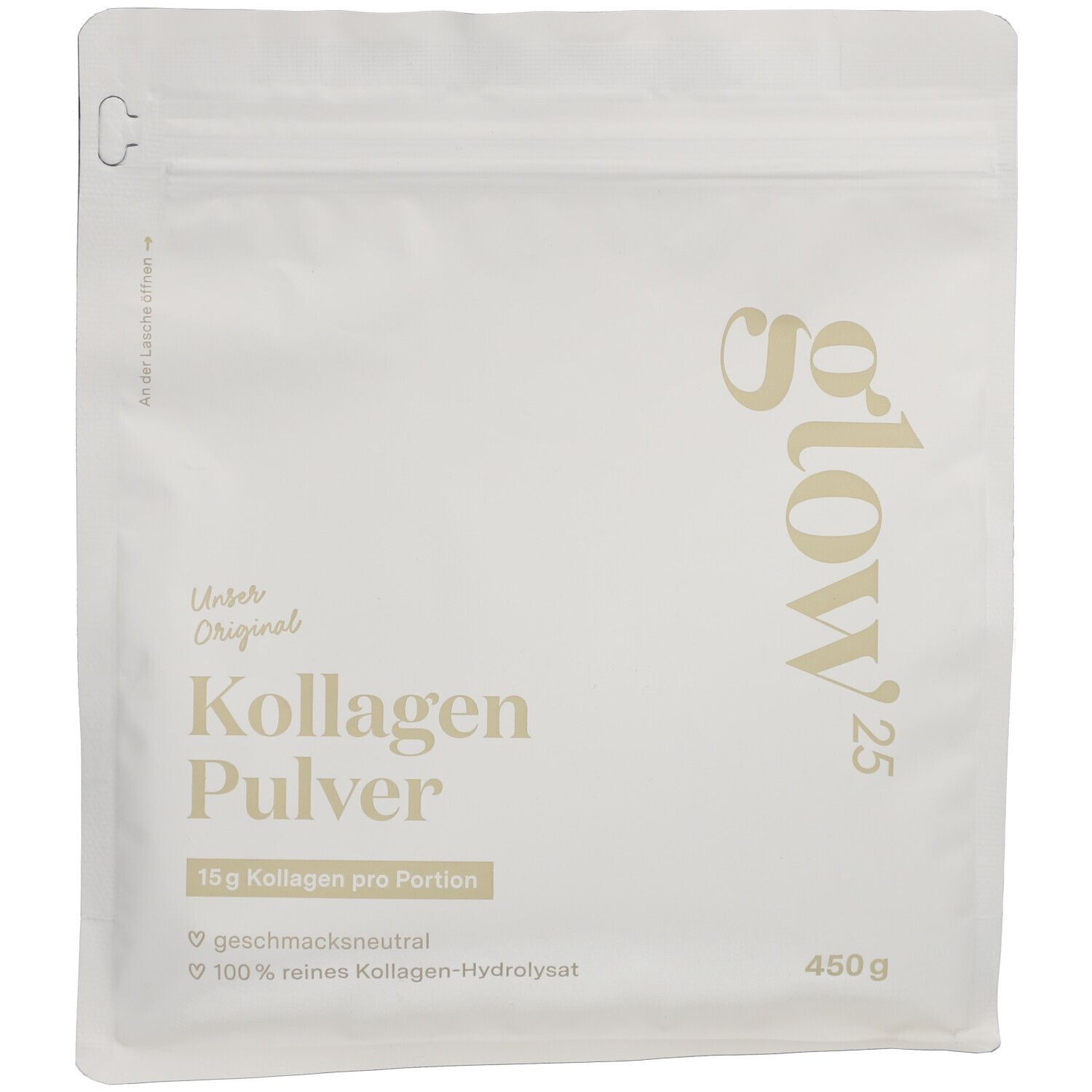 Confezione Glow25 Kollagen Pulver, bianca con scritta dorata. 450 g. Scritta: 15g di collagene per porzione.