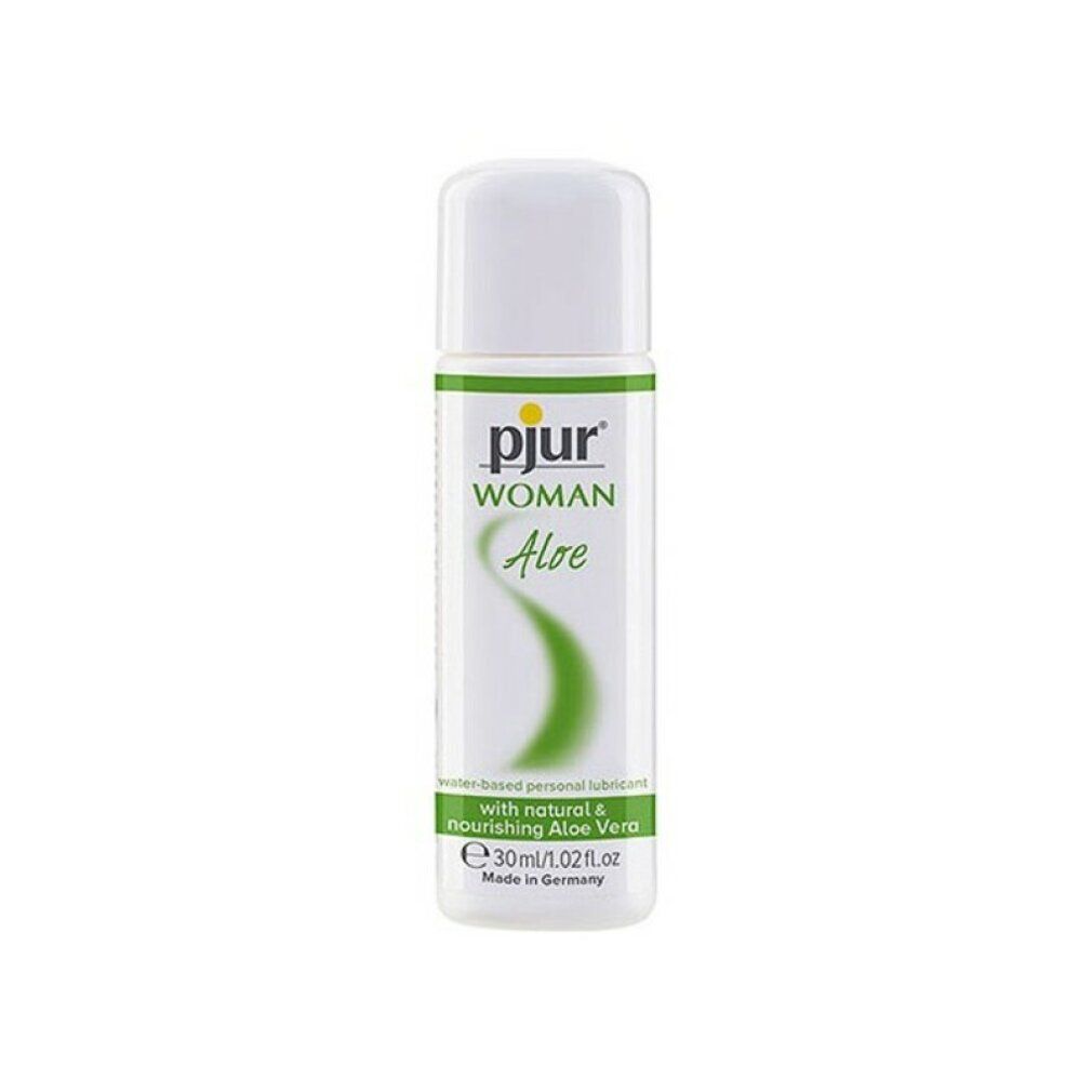 Flacone bianco con tappo bianco. Scritta: pjur WOMAN Aloe. Contiene aloe vera. 30ml/1.02 fl.oz. Prodotto in Germania.