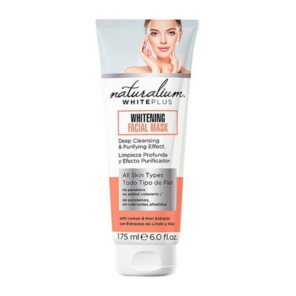 Tubo di maschera viso. Scritta: Naturalium White Plus, Whitening Facial Mask. Contiene estratti di limone e kiwi. Per tutti i tipi di pelle.