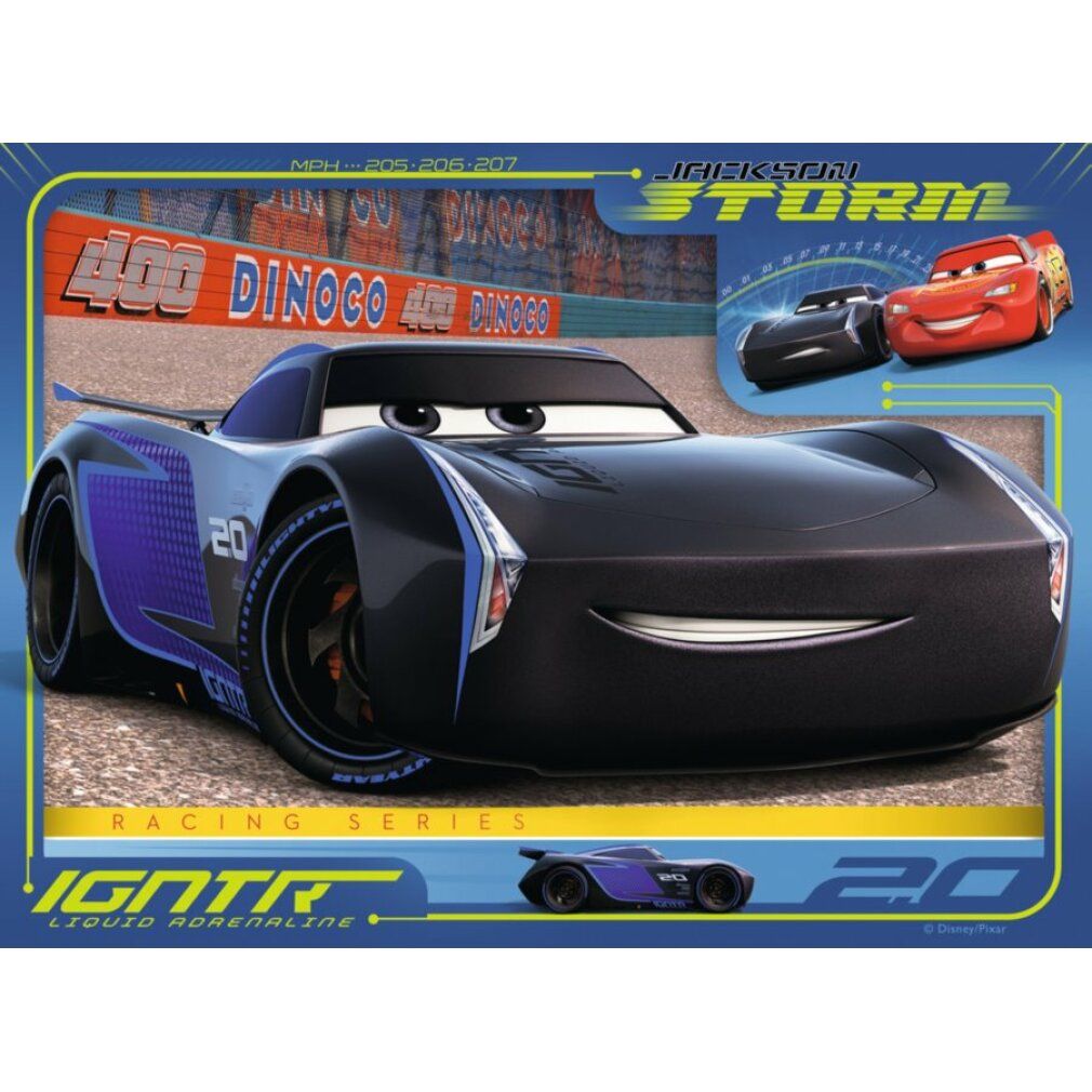 Puzzle con auto nera, Disney Cars 3. Auto nera con volto, pista sullo sfondo. Testo: IGNTR, LIQUID ADRENALINE, 20.