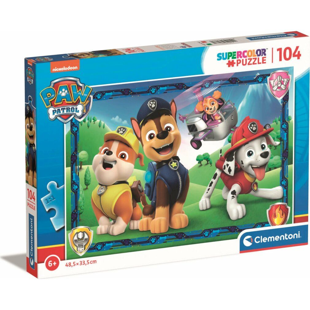 Scatola puzzle Clementoni. Tema Paw Patrol, 104 pezzi. La confezione mostra il puzzle completo con i personaggi.
