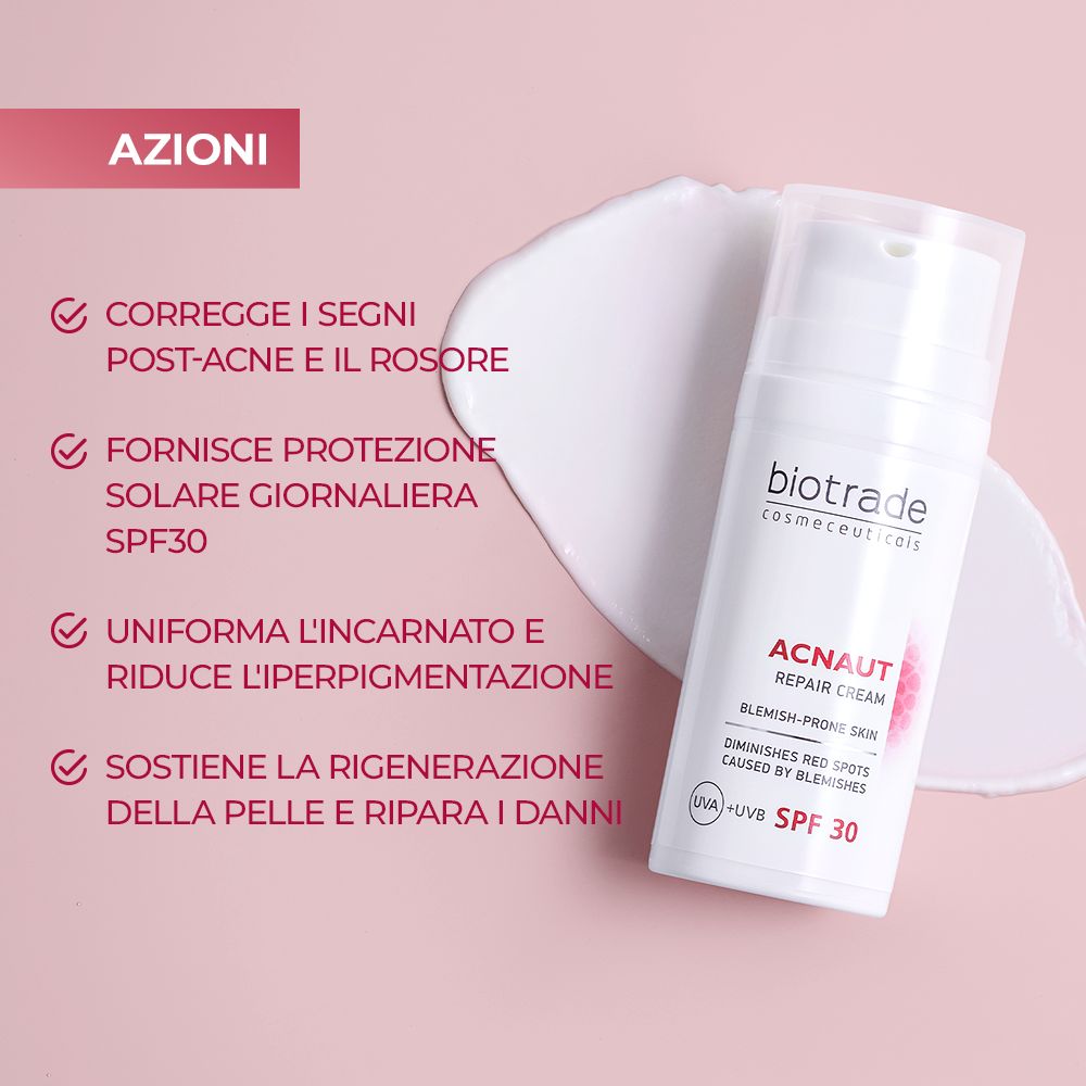 Prodotto su sfondo rosa. Testo: Corregge cicatrici da acne e rossori, protezione solare SPF30, uniforma l'incarnato.