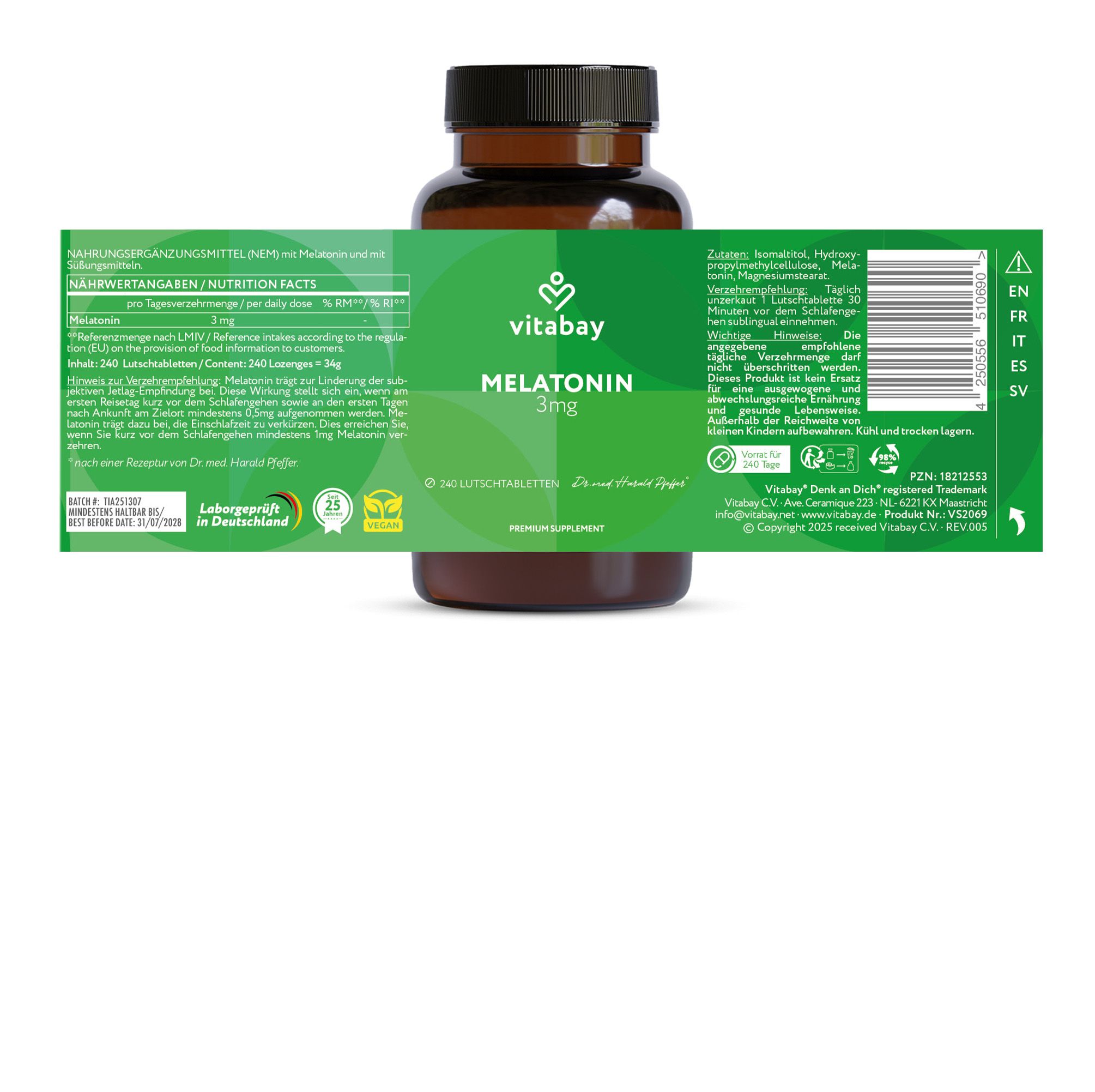 Flacone di vetro marrone con etichetta verde. Etichetta con informazioni sugli ingredienti e il valore nutrizionale. Vitabay Melatonin 3mg. Informazioni multilingue.