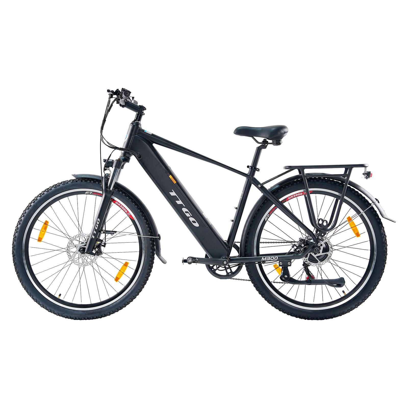 Bicicletta elettrica TTGO M300 nera. Portapacchi, parafanghi, catarifrangenti gialli. Pneumatici Kenda.
