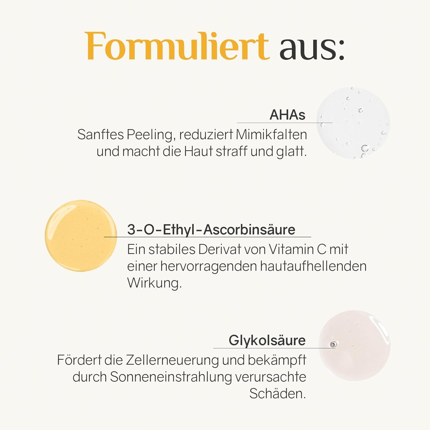Grafico con ingredienti: AHA, acido 3-O-etil ascorbico, acido glicolico.