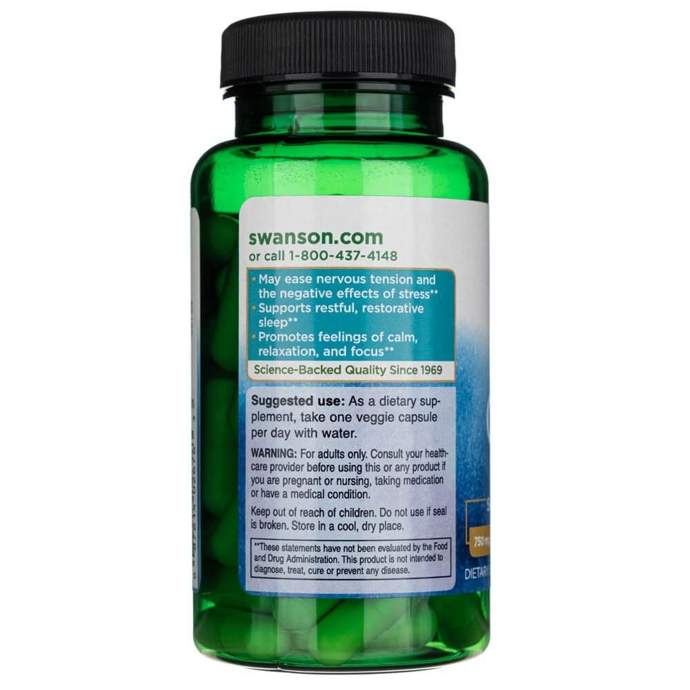 Retro del flacone Swanson GABA 750 mg con istruzioni per l'uso e caratteristiche di qualità.