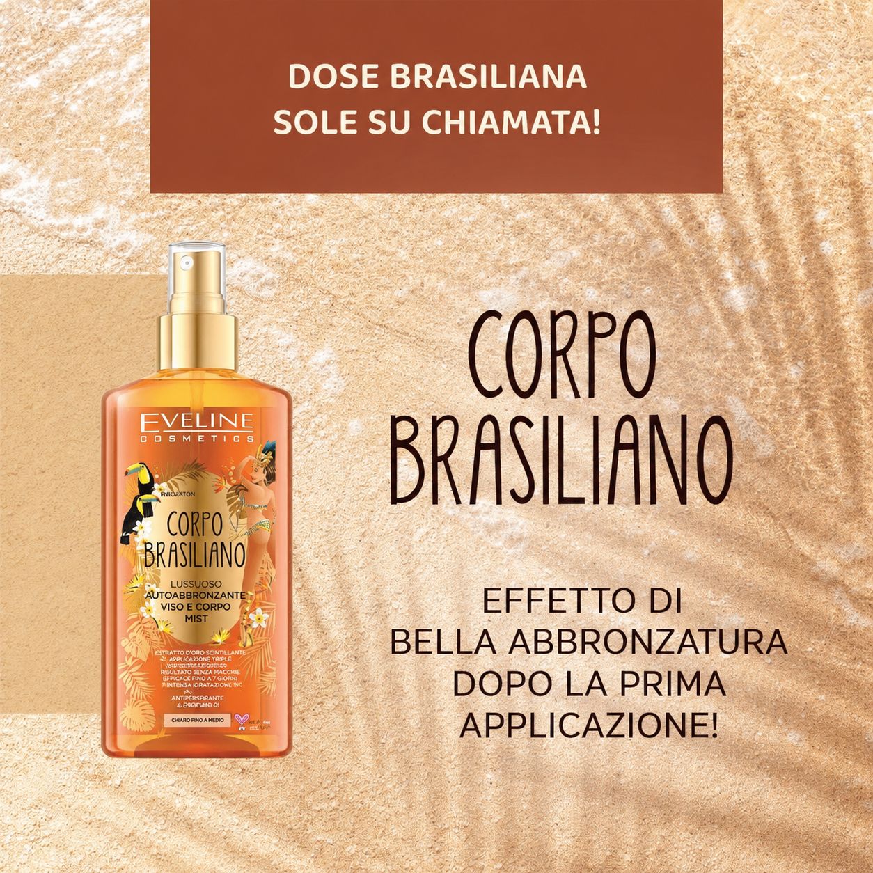 Spray autoabbronzante EVELINE COSMETICS Brazilian Body. Flacone con testo e illustrazioni su sfondo marrone.
