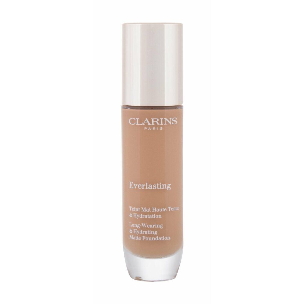 Fondotinta liquido in flacone di vetro con tappo bianco. Scritte: Clarins, Everlasting, Teint Mat Haute Tenue & Hydratation, Long-Wearing & Hydrating Matte Foundation.