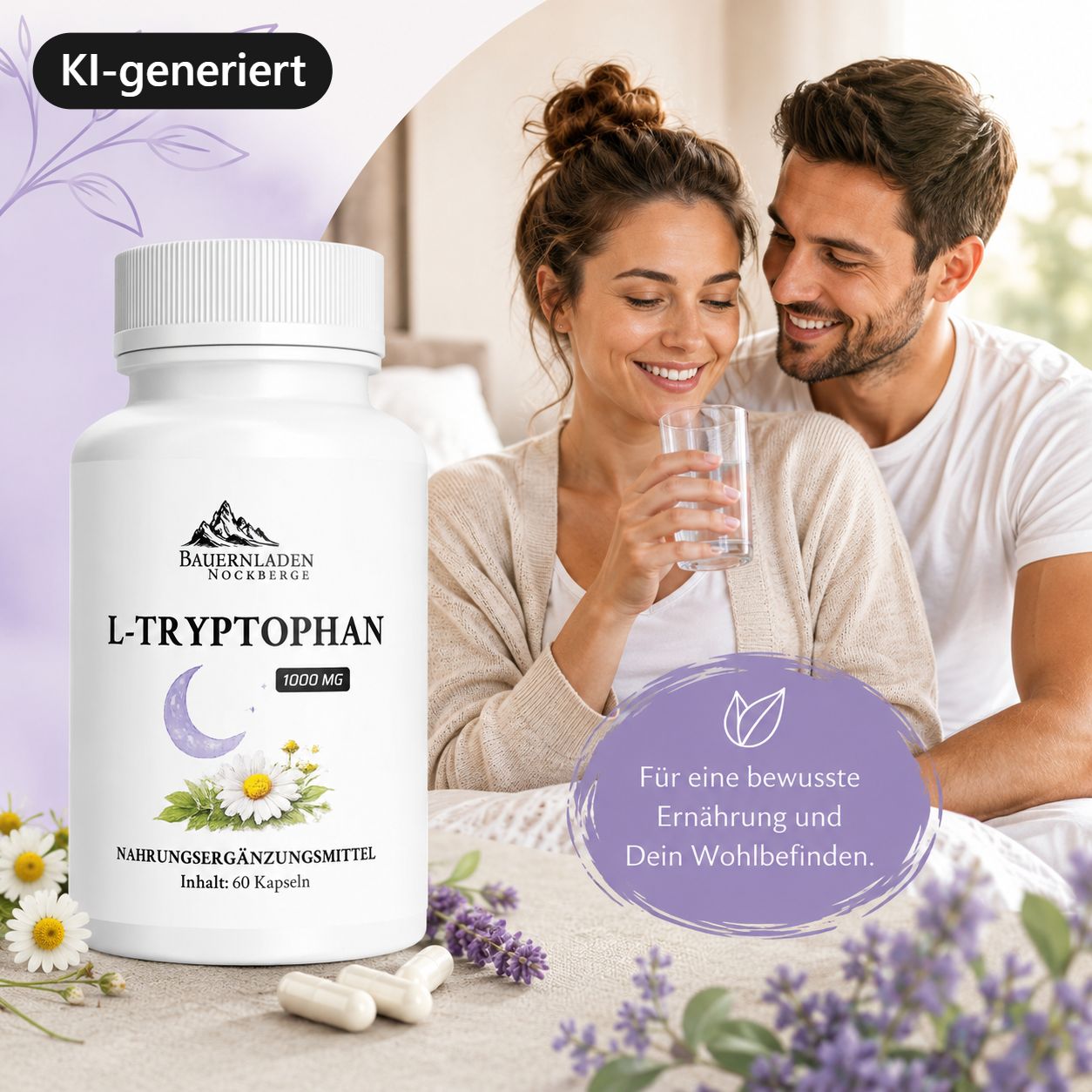 Capsula bianca L-Triptofano 1000 mg, 60 capsule. Logo montagna e luna. Per l'alimentazione e il benessere.