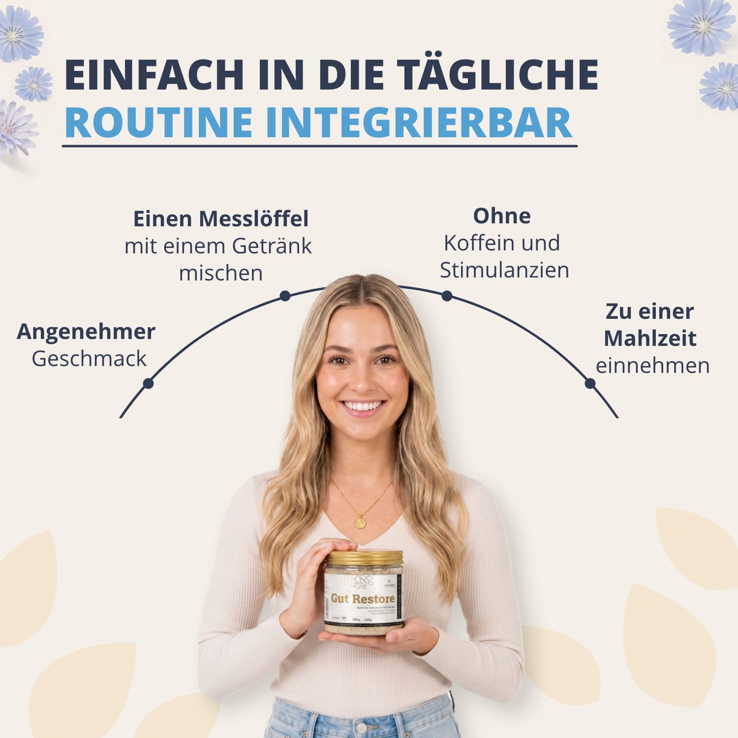 Donna tiene Golden Tree Gut Restore. Facile da integrare nella routine quotidiana.