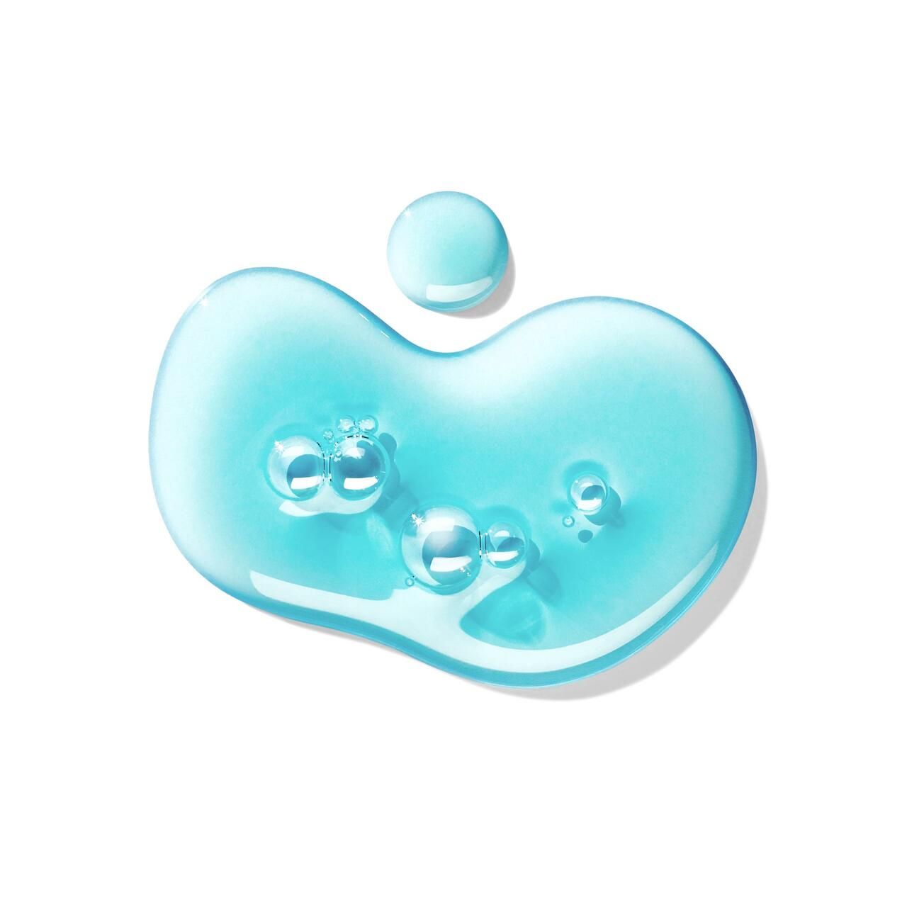 Goccia di gel doccia turchese con bolle. Su sfondo bianco.